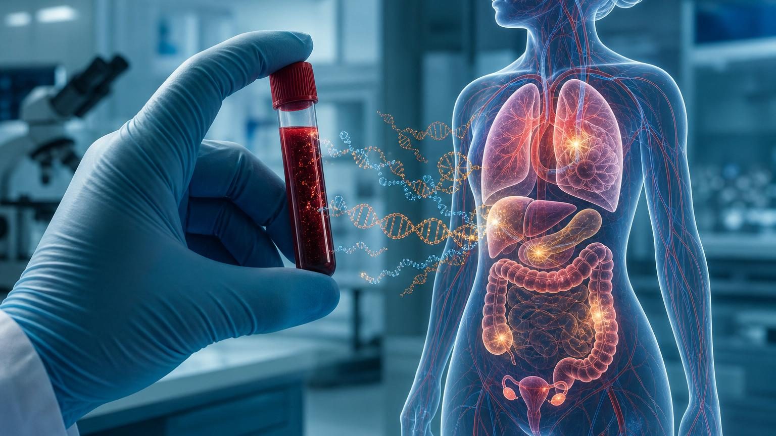 Illustration scientifique montrant une seringue contenant un échantillon de sang avec des fragments d'ADN visibles, symbolisant l'analyse d'un test de dépistage multi-cancers