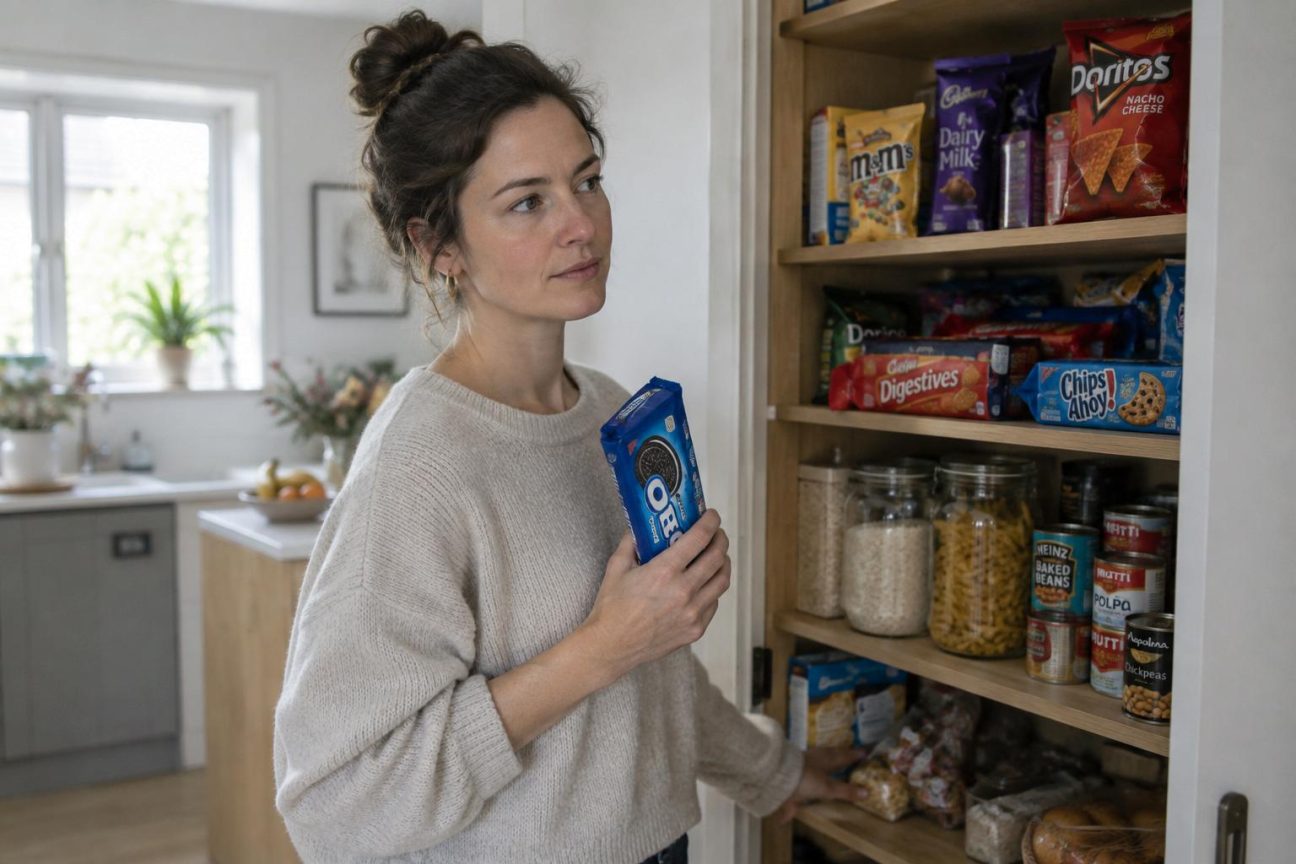 Placard ouvert contenant des biscuits, du chocolat et des chips aux côtés de fruits et de produits sains, illustrant l'équilibre alimentaire et la normalisation des aliments interdits.