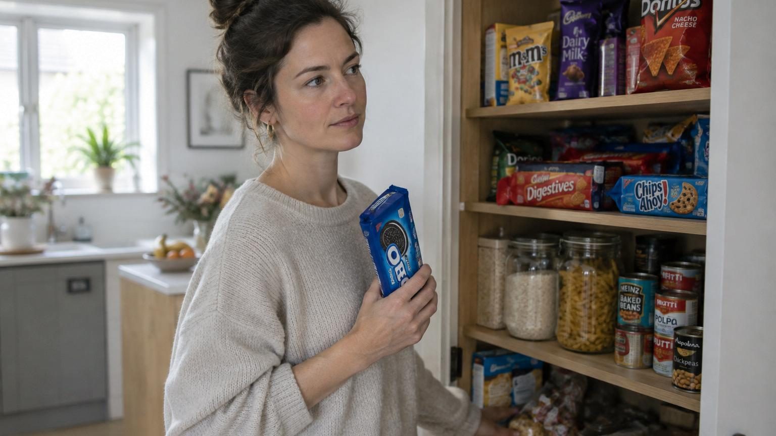 Placard ouvert contenant des biscuits, du chocolat et des chips aux côtés de fruits et de produits sains, illustrant l'équilibre alimentaire et la normalisation des aliments interdits.