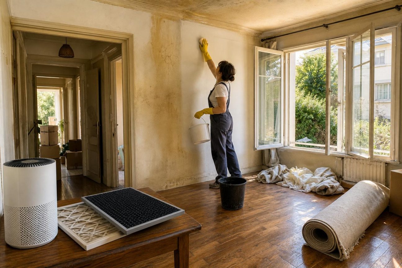 Intérieur d'une maison avec fenêtres ouvertes, produits de nettoyage et chiffons sur une table, illustrant le processus d'élimination de l'odeur de tabac