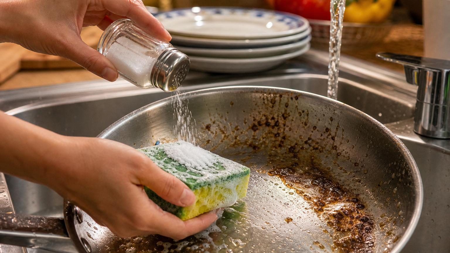 Une pincée de sel fin dans le liquide vaisselle : l’astuce abrasive qui enlève les graisses tenaces en 1-2 minutes après un gratin ou des œufs frits