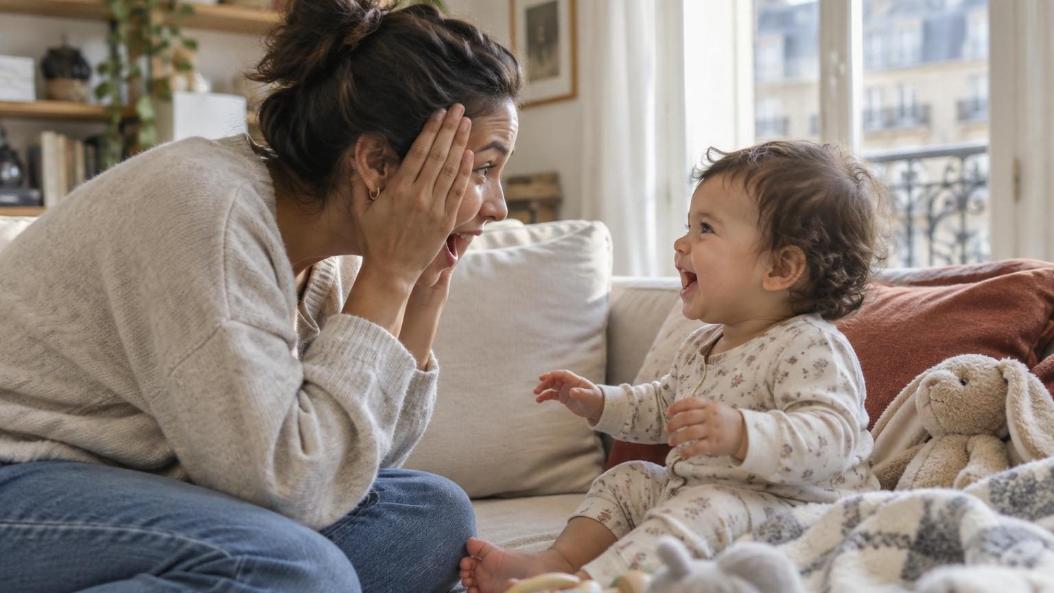 Un adulte cache son visage derrière ses mains pendant que le bébé attend, le sourire en anticipation du moment où le visage réapparaîtra dans le jeu du coucou.