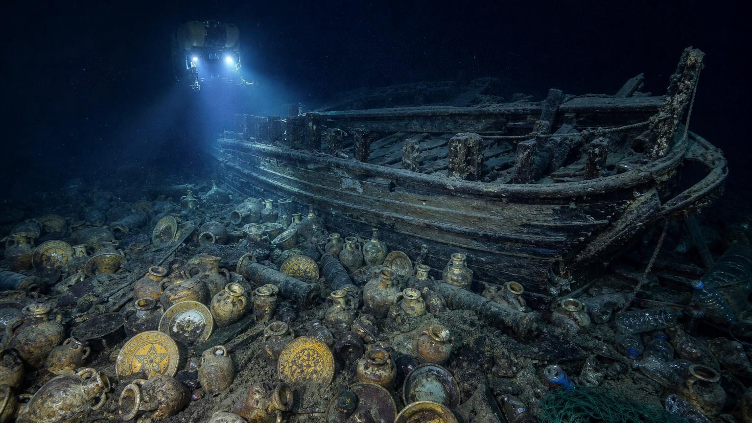 Vue sous-marine d'une épave marchande du XVIe siècle reposant au fond de la Méditerranée, entourée de céramiques anciennes et de débris modernes