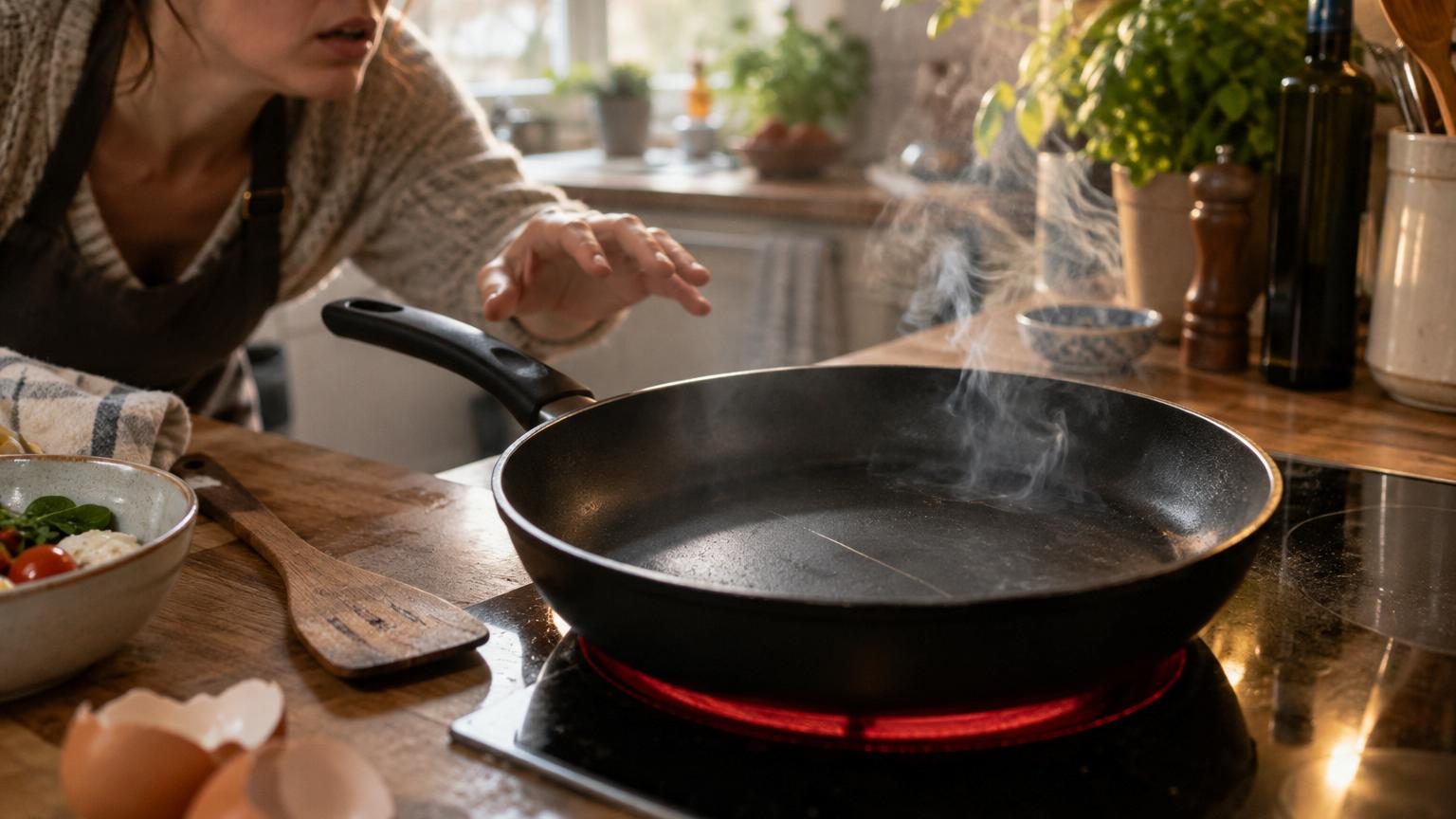 Poêle antiadhésive dans une cuisine, montrant une fine rayure au fond du revêtement pour illustrer l'usure normale d'un ustensile de cuisson.