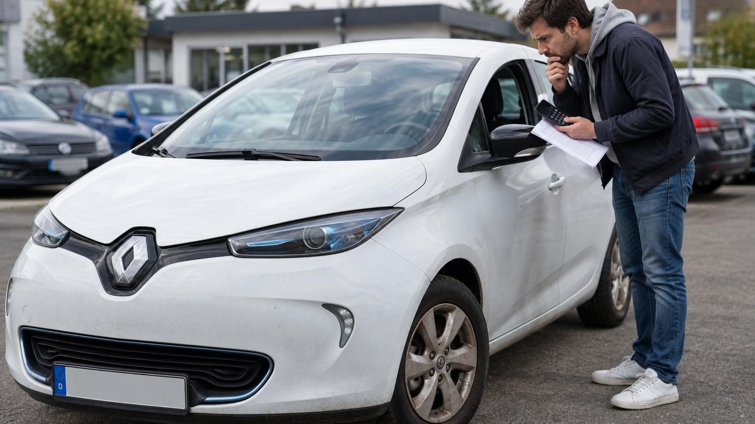 Renault Zoé bleue électrique d'occasion garée, vue de trois quarts avant, avec jantes alliage et phares LED.