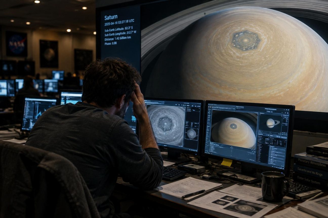 Saturne vue de l'espace avec son atmosphère gazeuse, illustrant une structure polygonale complexe dans sa région polaire
