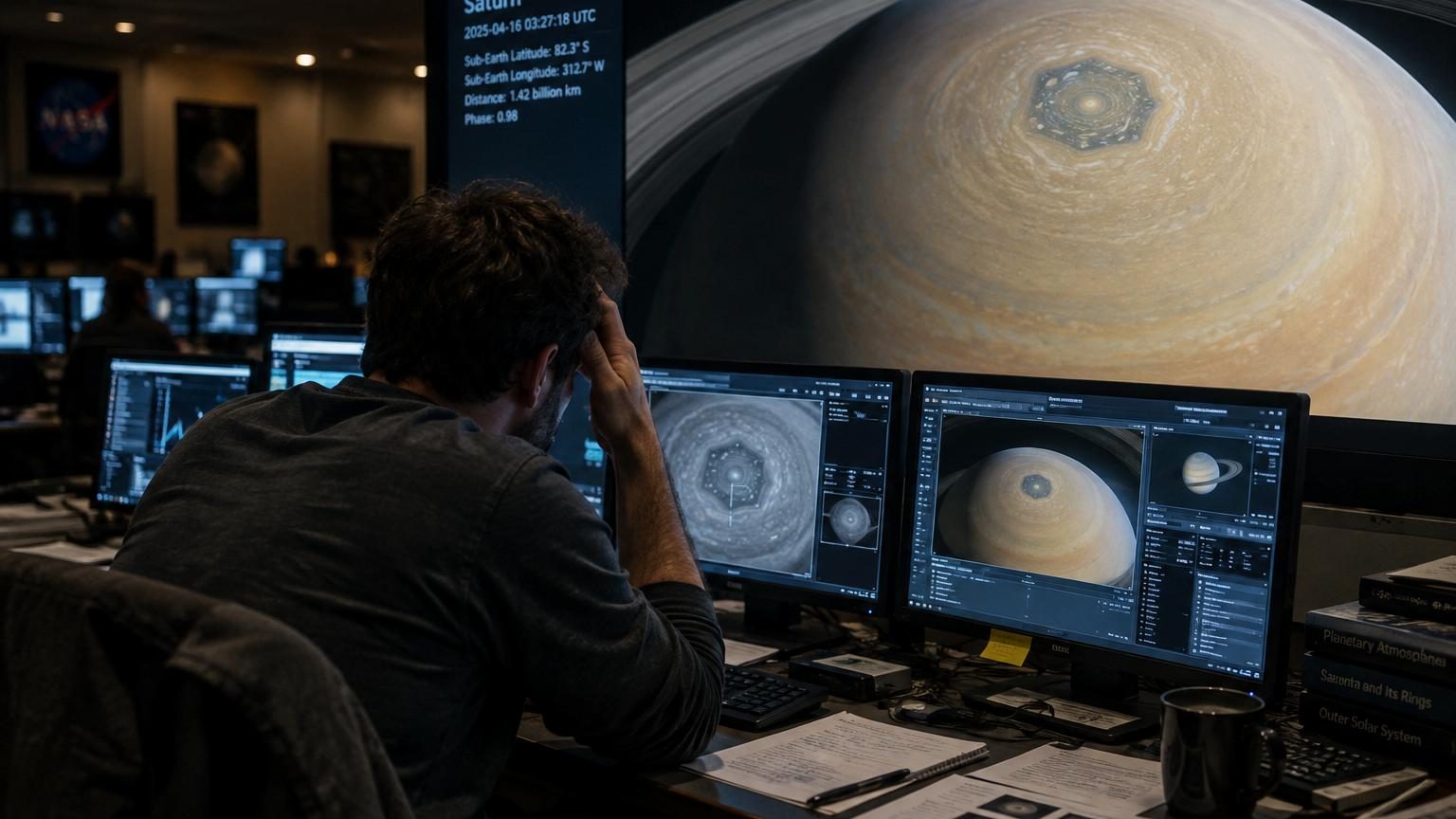 Saturne vue de l'espace avec son atmosphère gazeuse, illustrant une structure polygonale complexe dans sa région polaire