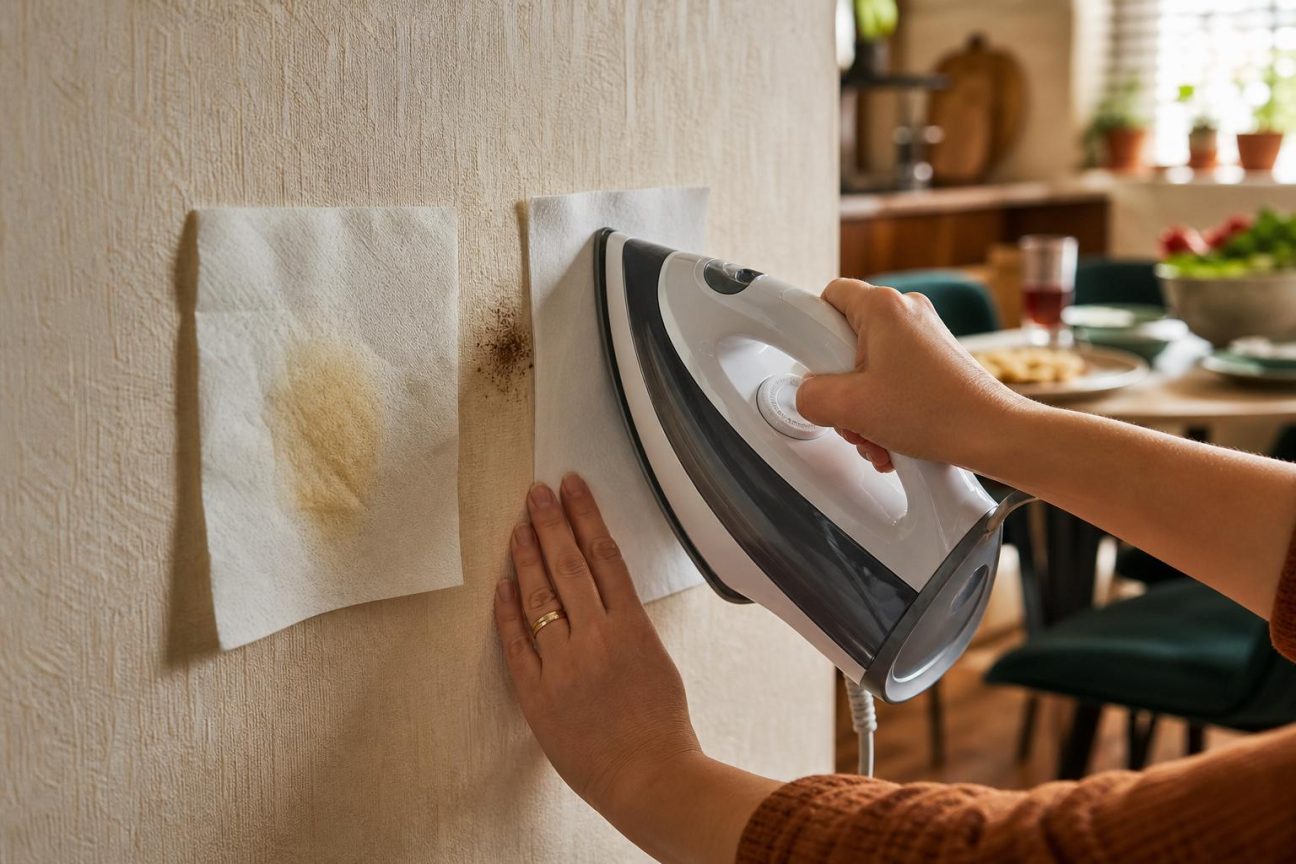 Un fer à basse température posé délicatement sur un papier buvard blanc appliqué contre une tache de gras sur papier peint clair.