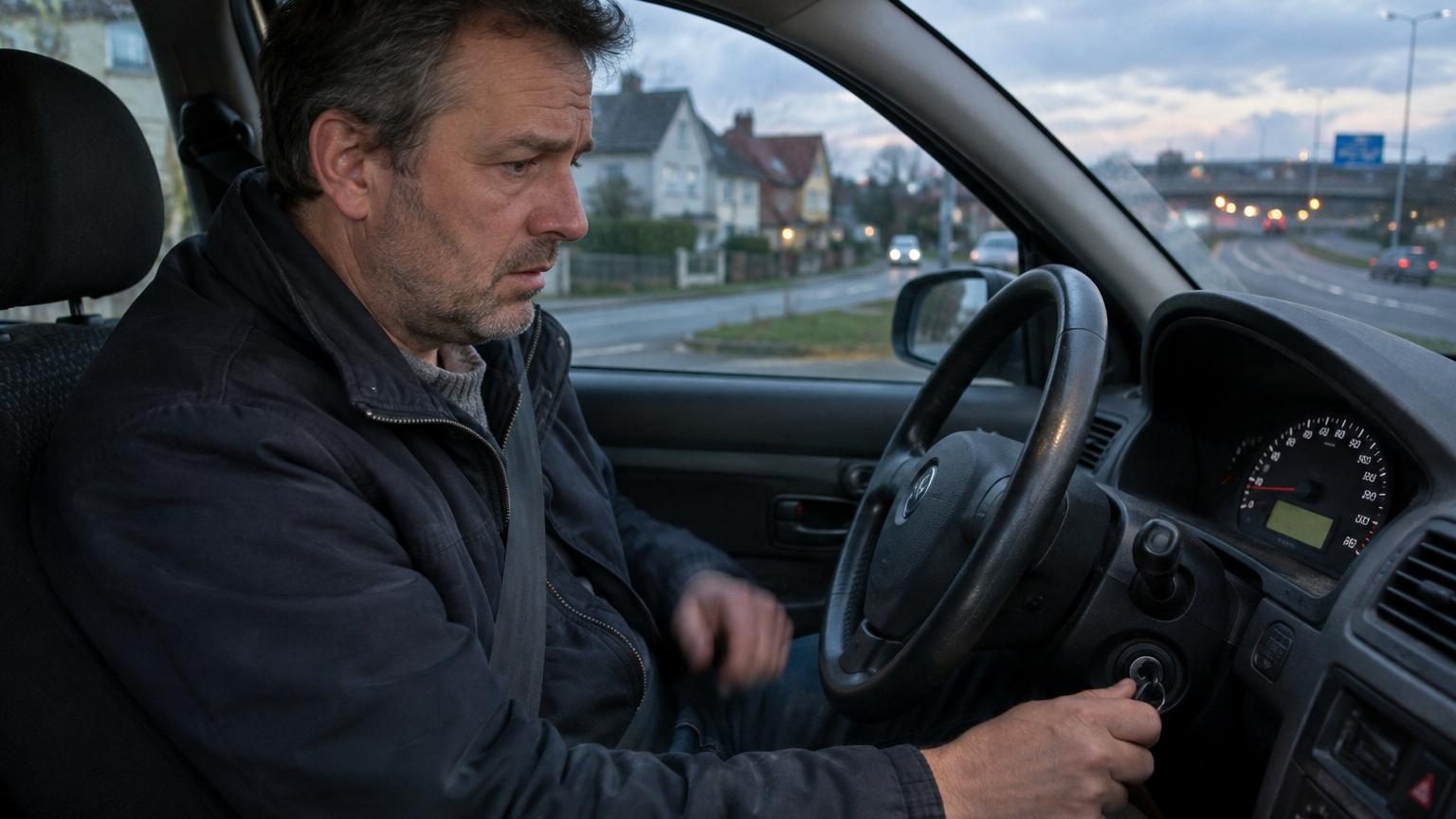 Un automobiliste derrière son volant consulte un email reçu la veille annonçant une nouvelle taxe au kilomètre avec vérification annuelle du compteur obligatoire.