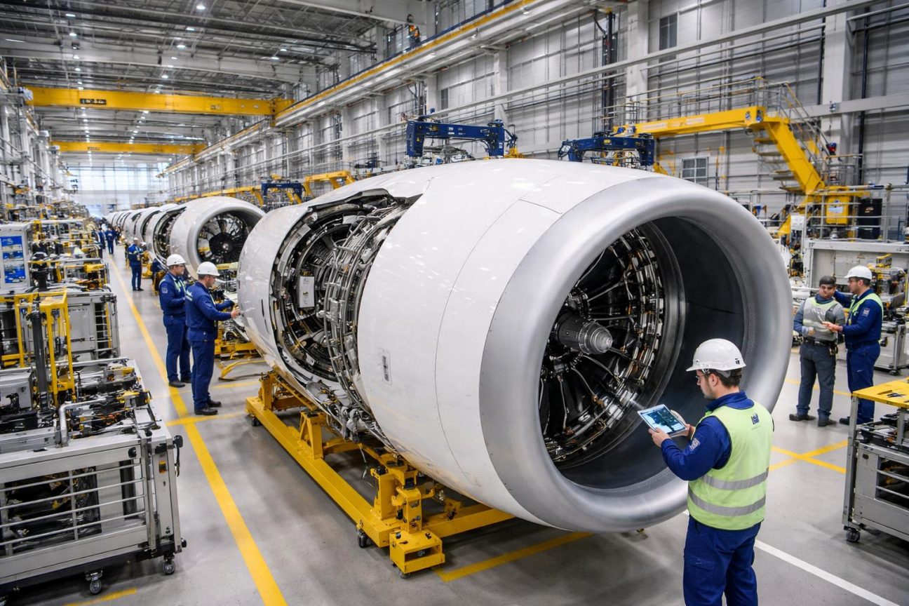 Chaîne de production industrielle d'une usine aéronautique avec des ouvriers qualifiés assemblant des nacelles de moteur pour avions A320neo sous éclairage fluorescent, mêlant automatisation robotisée et travail humain spécialisé.