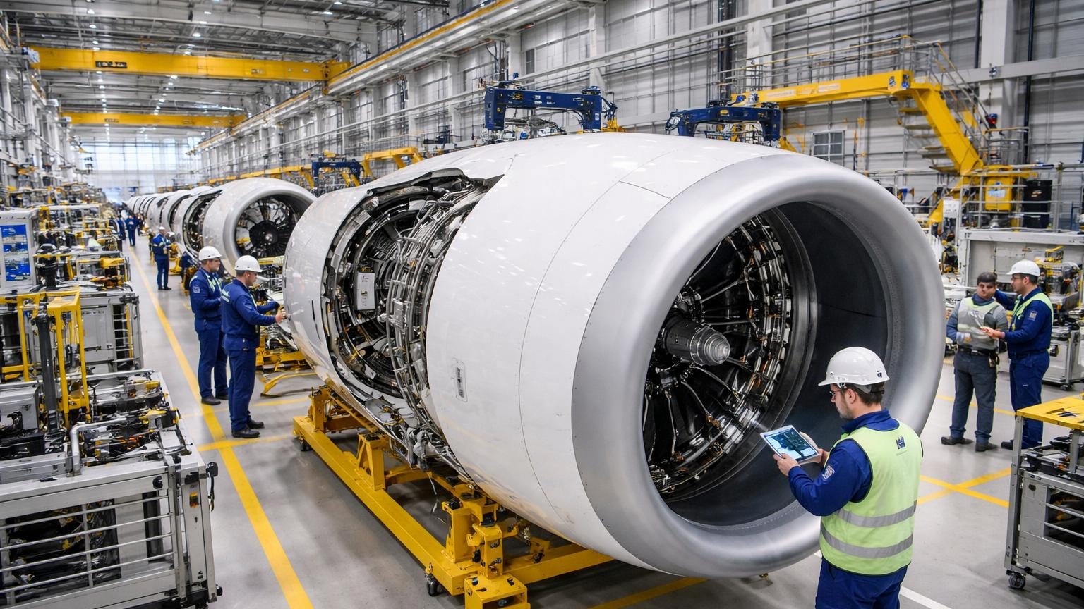 Chaîne de production industrielle d'une usine aéronautique avec des ouvriers qualifiés assemblant des nacelles de moteur pour avions A320neo sous éclairage fluorescent, mêlant automatisation robotisée et travail humain spécialisé.