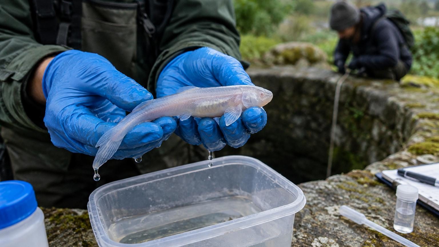 Petit poisson translucide de quatre centimètres avec yeux recouverts de peau, sortant de l'eau d'un puits de sondage dans une région rurale de l'Inde.