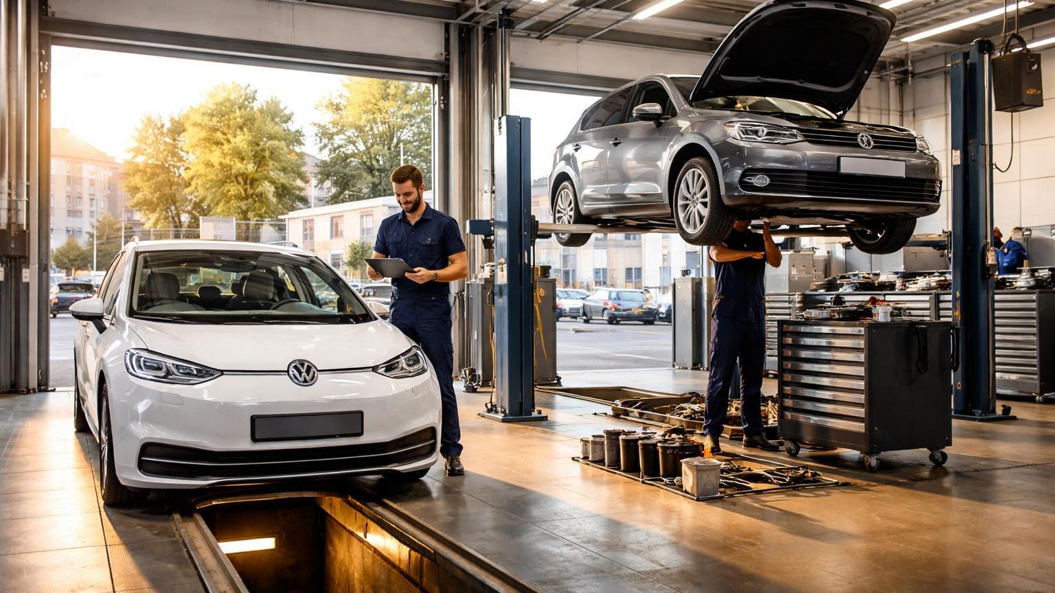 Deux voitures côte à côte : une Volkswagen ID.3 électrique moderne et une Golf diesel plus ancienne, avec des graphiques de coûts et symboles d'entretien entre elles