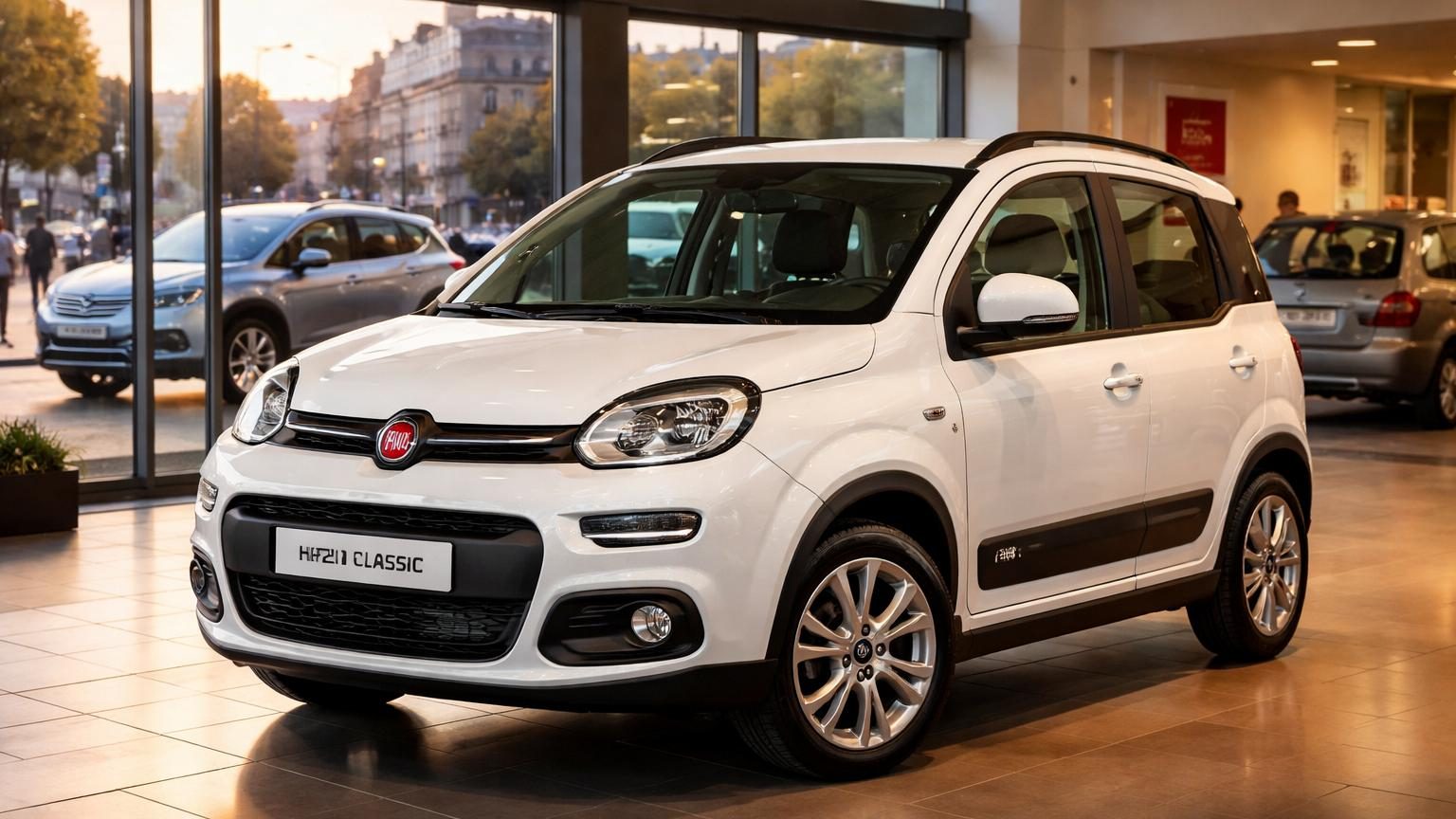 Fiat Panda Hybrid Classic compacte garée en ville, vue avant trois-quarts, petit gabarit idéal pour circuler en centre-ville
