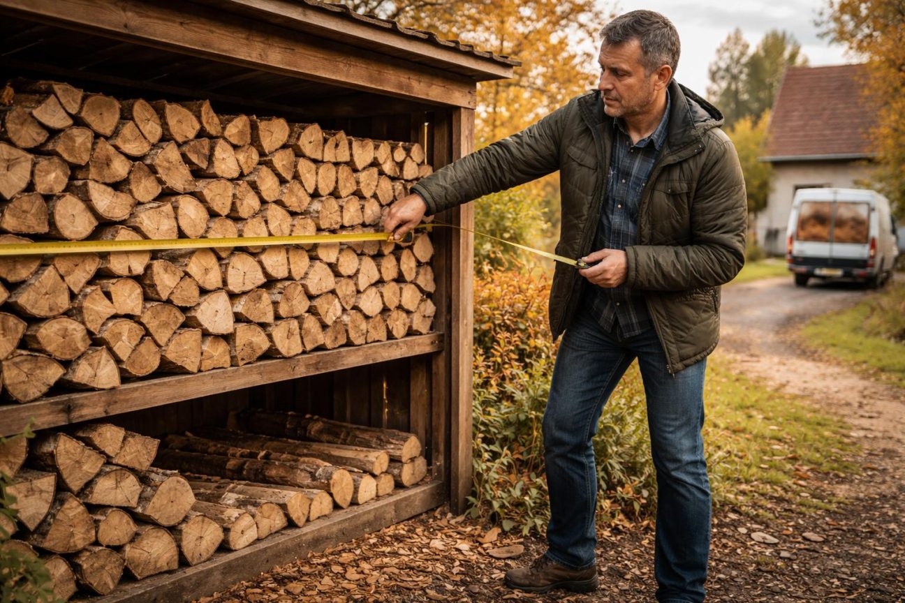 Un tas de bûches de bois empilées régulièrement sous un abri, avec un mètre posé le long de la pile pour démontrer la mesure du volume.