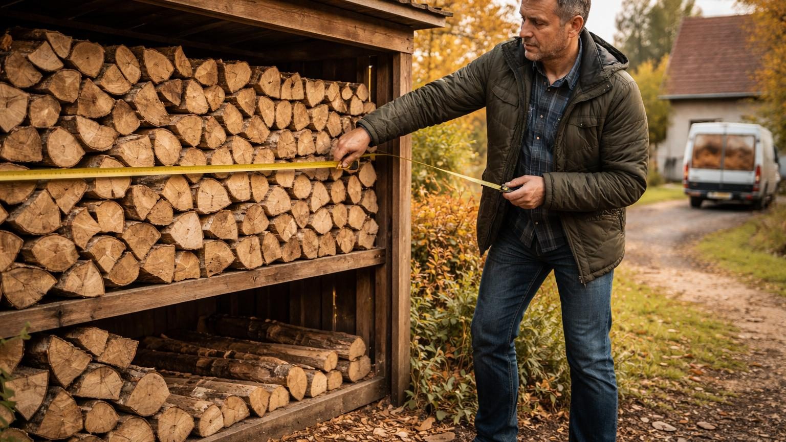 Un tas de bûches de bois empilées régulièrement sous un abri, avec un mètre posé le long de la pile pour démontrer la mesure du volume.