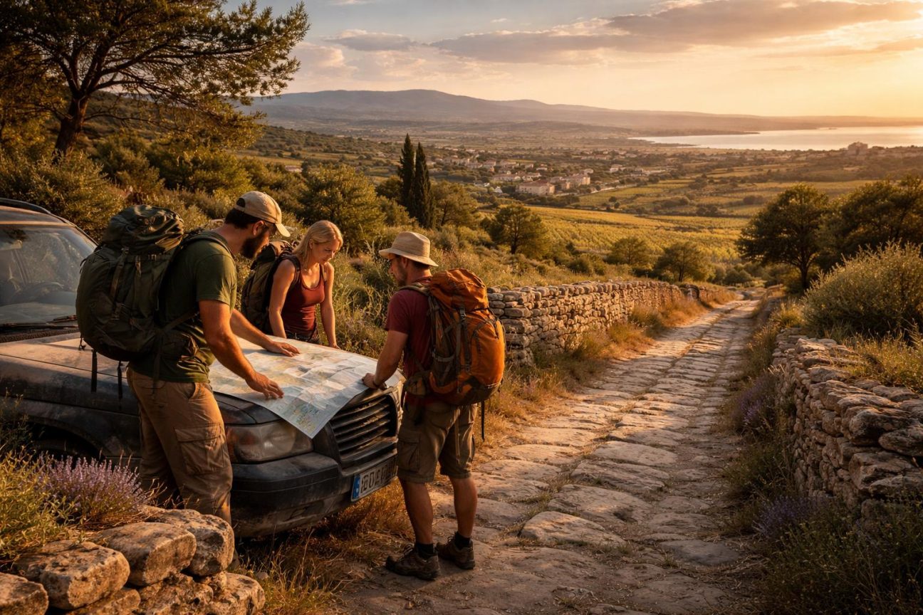 Groupe de randonneurs déroulant une carte sur le capot d'une voiture au petit matin, près d'un muret de pierres sèches envahi de thym, sur un chemin de terre discret qui est un fragment de la Via Domitia romaine.