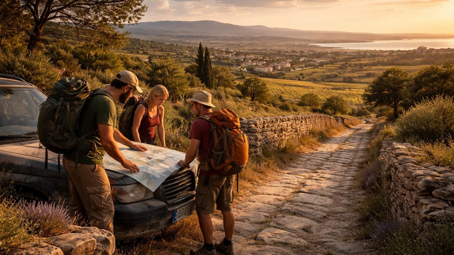 Groupe de randonneurs déroulant une carte sur le capot d'une voiture au petit matin, près d'un muret de pierres sèches envahi de thym, sur un chemin de terre discret qui est un fragment de la Via Domitia romaine.