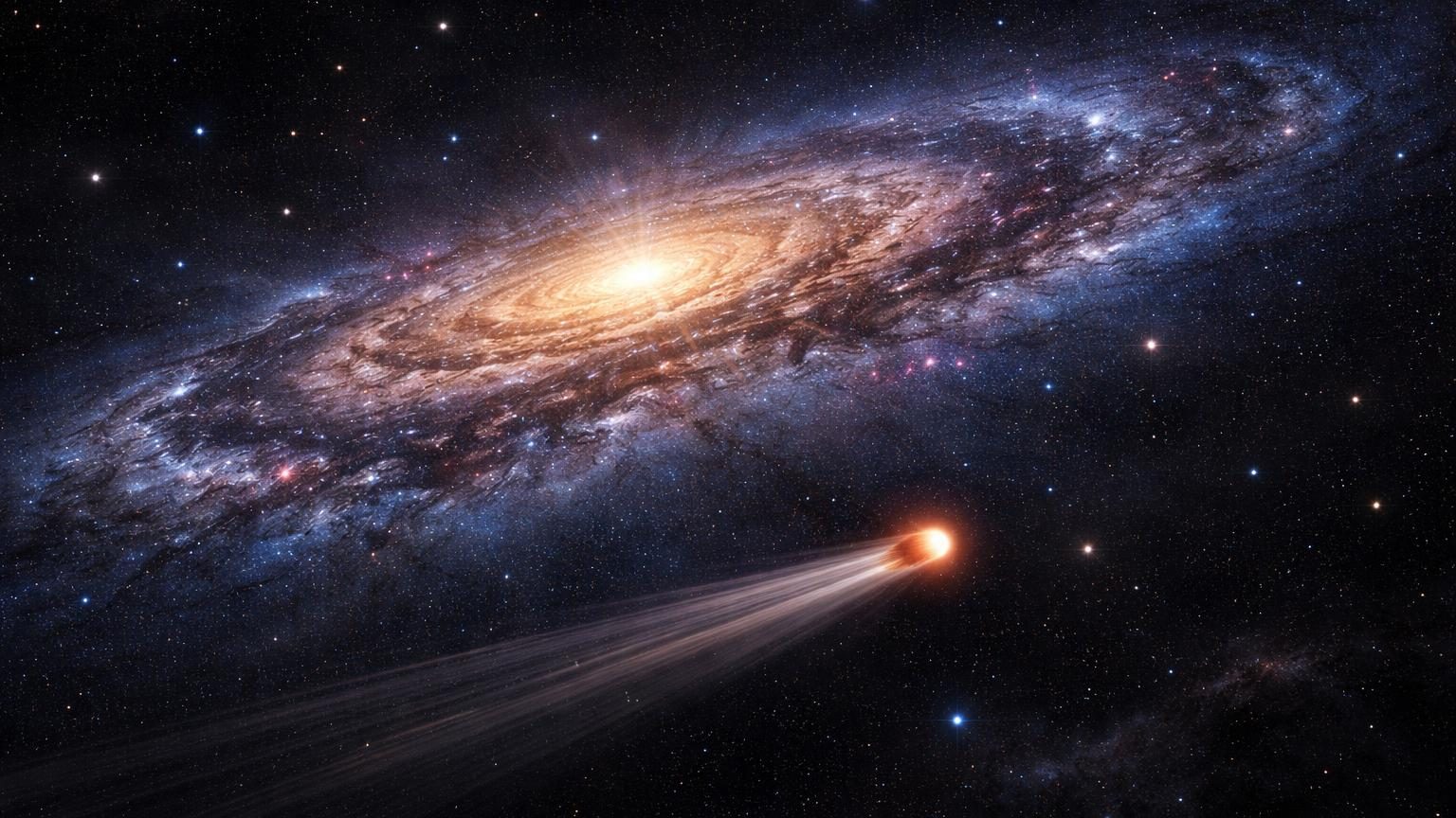 Représentation artistique d'un petit objet céleste luminescent fuyant à grande vitesse parmi les étoiles et structures galactiques de la Voie lactée