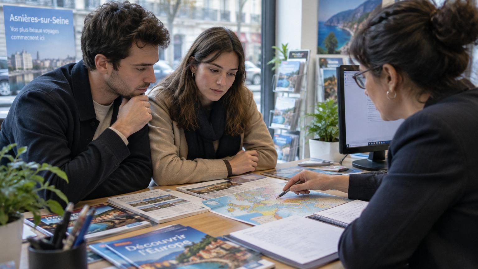 Intérieur d'une agence de voyage avec un conseiller montrant une destination sur un écran à une cliente, symbole du conseil humain et de l'accompagnement professionnel.