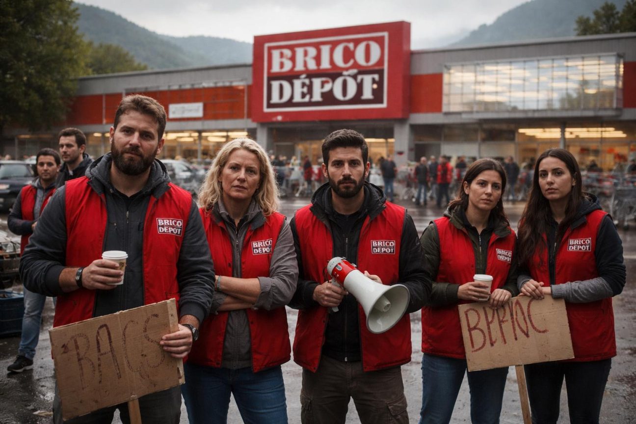 Salariés en grève devant le magasin Brico Dépôt, gilets sur les épaules, discutant ensemble tandis que des clients hésitent à l'entrée.