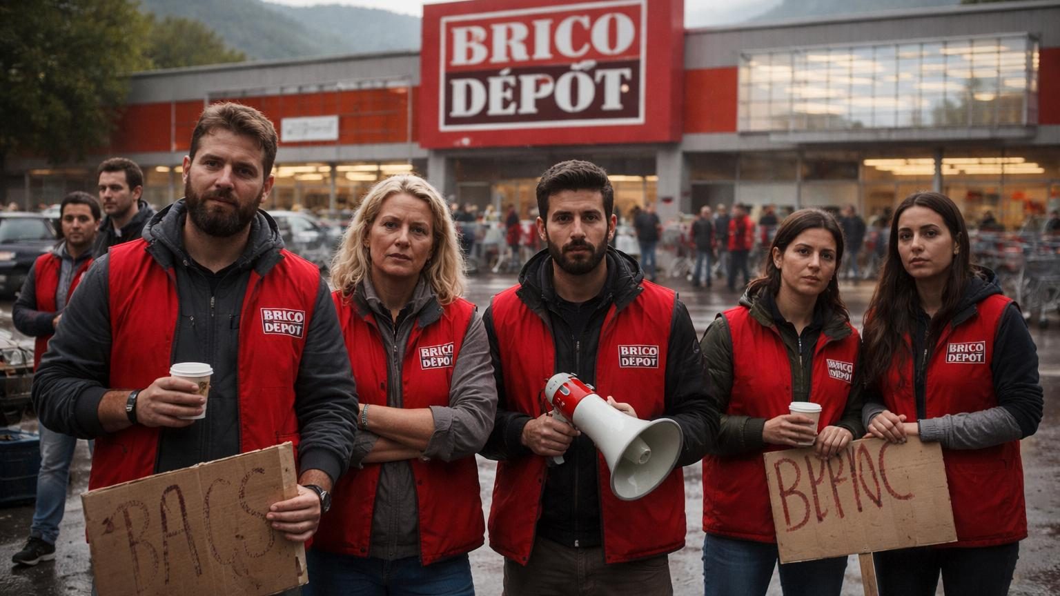 Salariés en grève devant le magasin Brico Dépôt, gilets sur les épaules, discutant ensemble tandis que des clients hésitent à l'entrée.