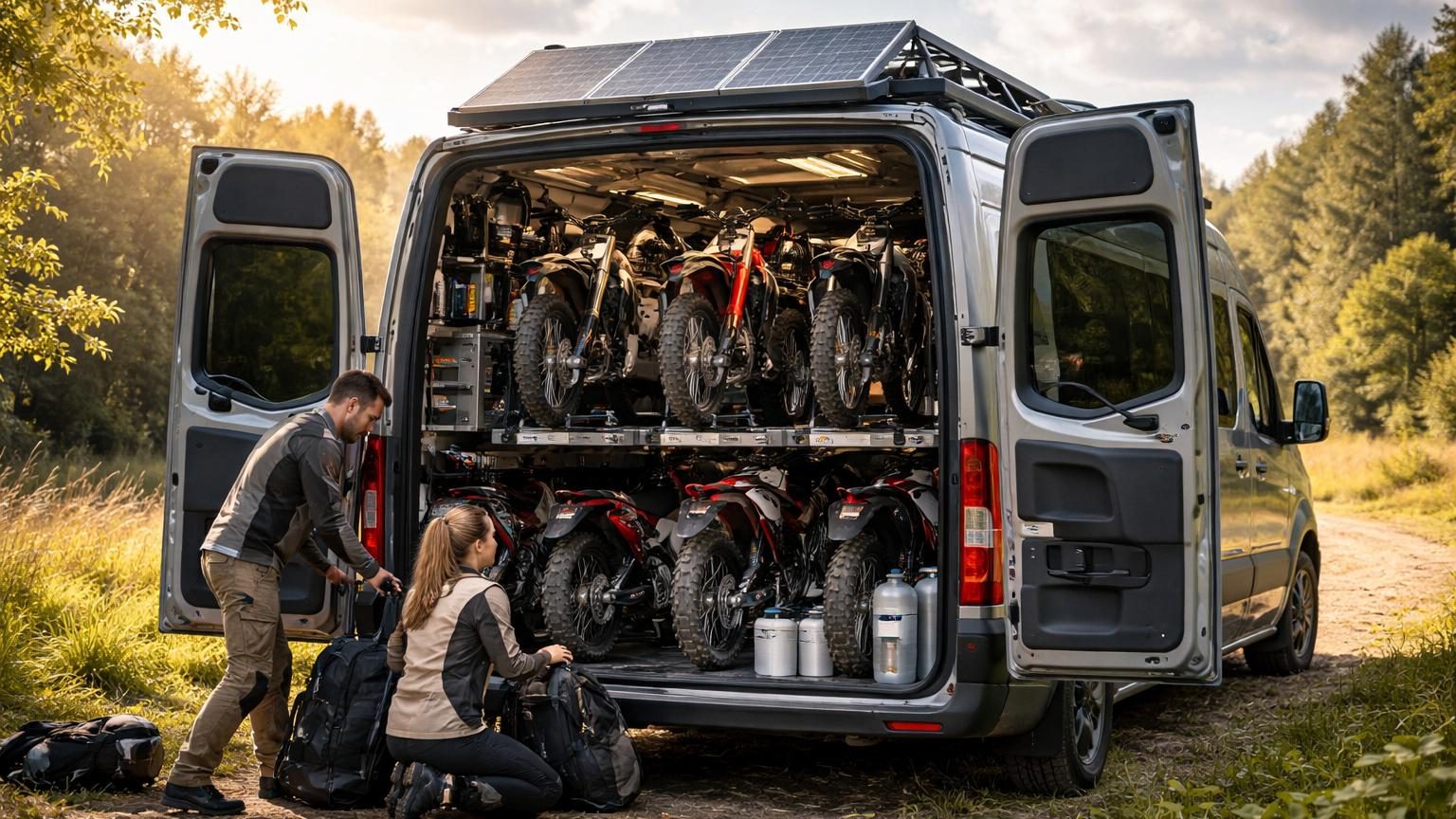 Un fourgon aménagé compact avec six motos bien rangées, équipé de panneaux solaires sur le toit, stationné en milieu naturel.