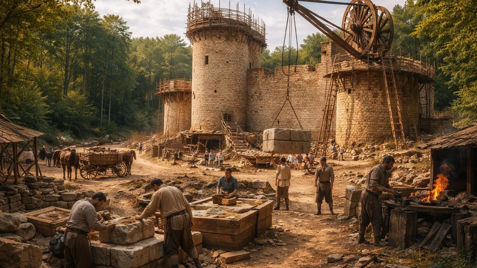 Chantier de construction médiévale : artisan taillant la pierre à la main, chevaux tirant une charrette de matériaux, remparts de pierre massifs en cours de construction au milieu d'une forêt.