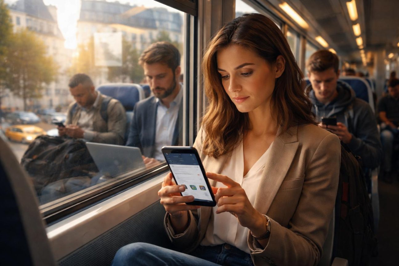 Personne consultant son téléphone et des documents administratifs au-dessus d'une table, illustrant la vérification mensuelle des bulletins de paie et des démarches administratives.