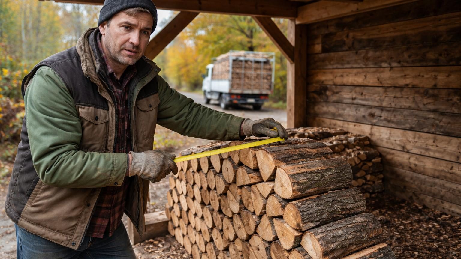 Un tas de bûches de bois rangées sous un abri, montrant l'empilement compact de morceaux plus courts laissant peu d'espaces vides.