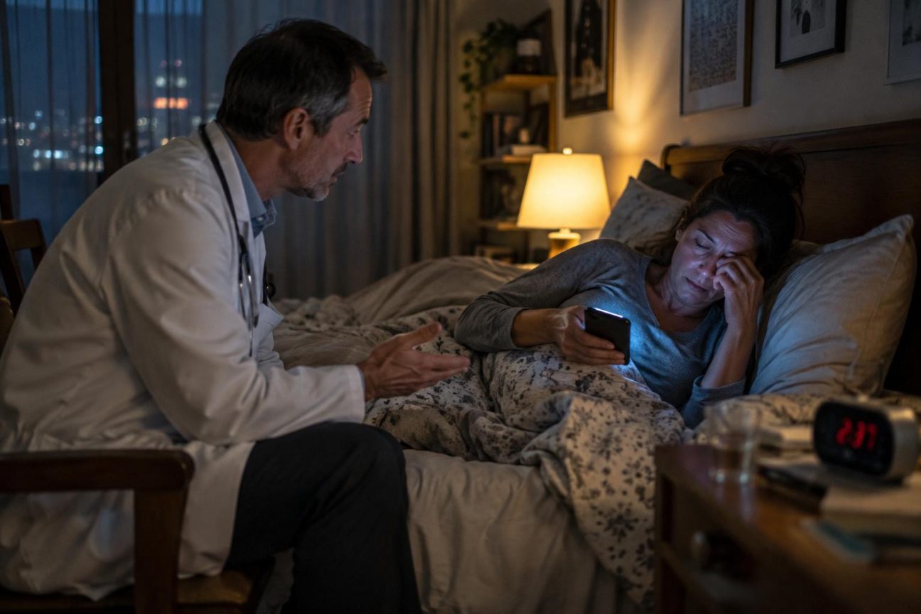 Homme fatigué se réveillant tôt le matin, assis sur un lit dans une chambre sombre avec un téléphone intelligent sur la table de nuit, illustrant les effets du manque de sommeil lié aux écrans.