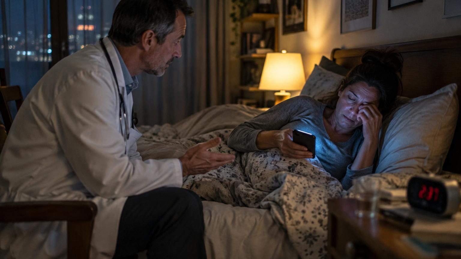 Homme fatigué se réveillant tôt le matin, assis sur un lit dans une chambre sombre avec un téléphone intelligent sur la table de nuit, illustrant les effets du manque de sommeil lié aux écrans.