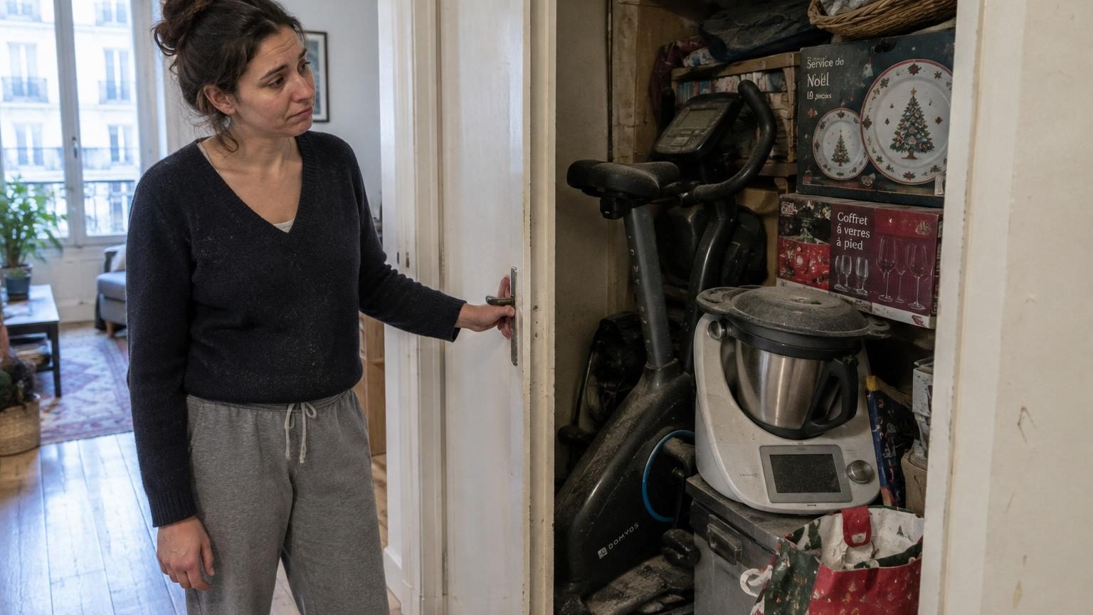 Intérieur d'une maison avec divers objets inutilisés rangés dans un placard : vélo d'appartement, robot de cuisine, agenda papier, équipement de sport et accessoires de loisir accumulés.
