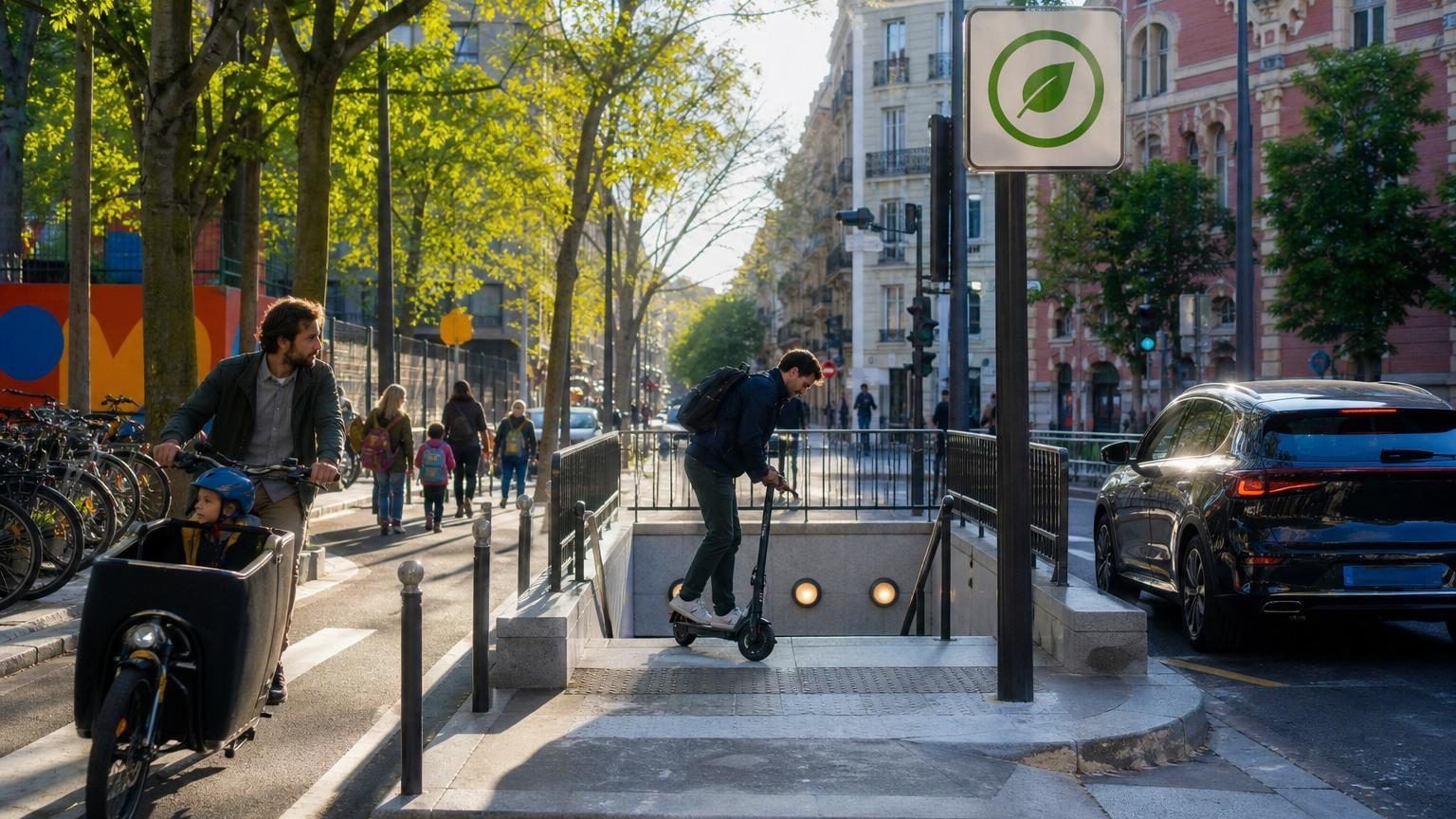 Un parent serrant le frein d'un vélo cargo, un salarié repliant une trottinette et une voiture face à un panneau de zone à faibles émissions devant une école le matin.