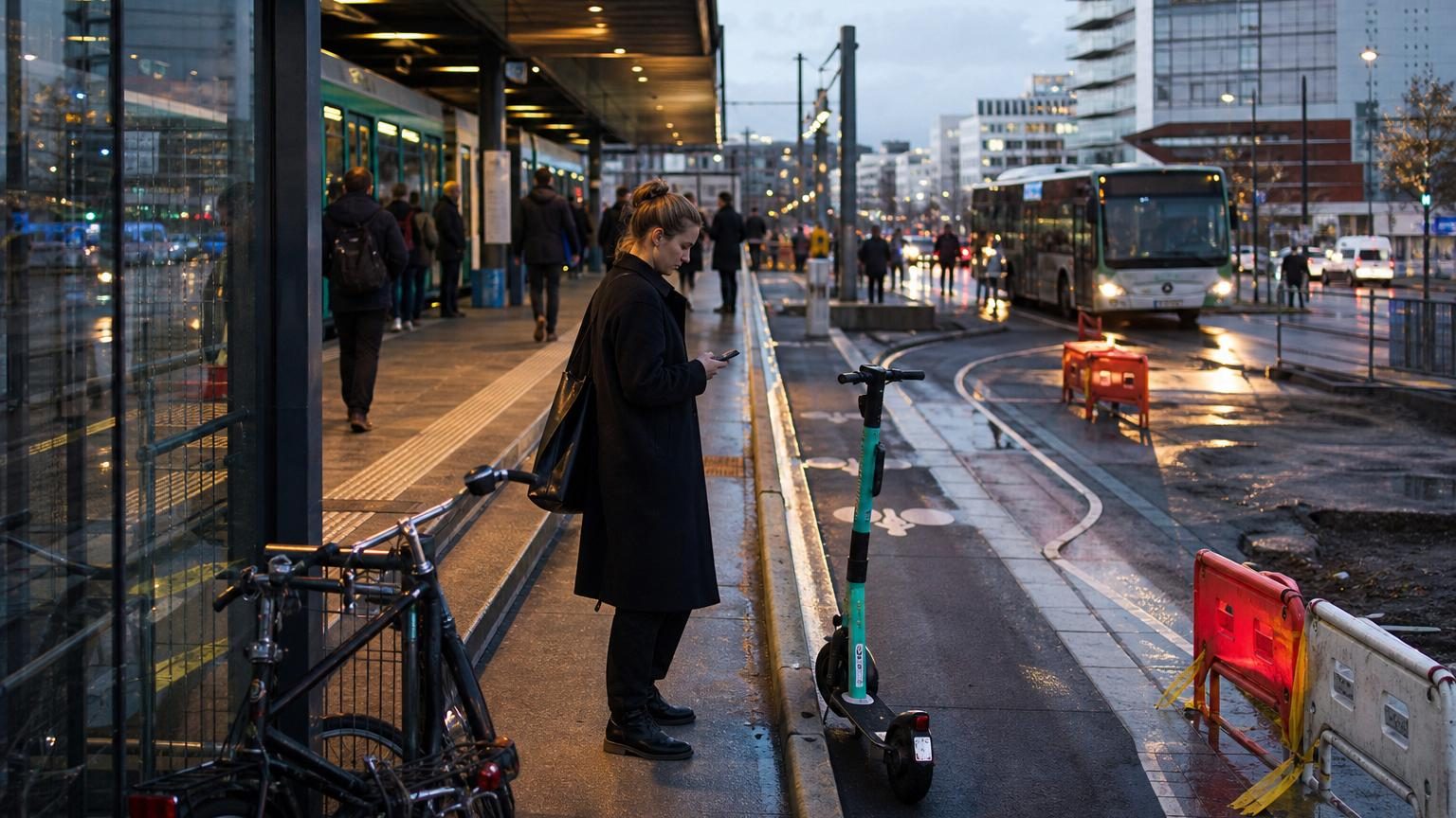 Une personne examine son téléphone sur un quai de transport en commun bondé, avec un vélo attaché dehors et une piste cyclable visible en arrière-plan.