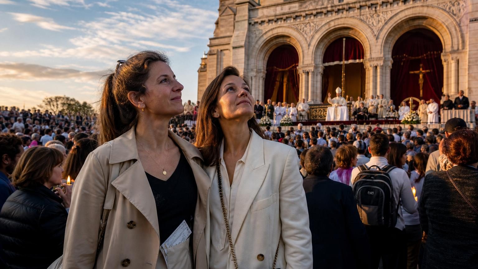 Deux amies dans une foule silencieuse lors d'une messe papale à Paris, portant des badges, entourées d'inconnus venus du monde entier.