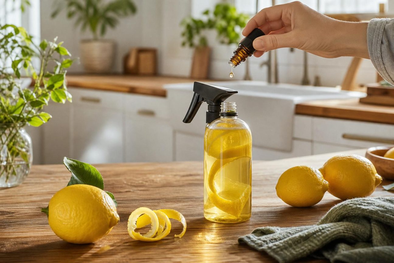 Trois flacons d'huiles essentielles de couleurs différentes (citron jaune, lavande violette, eucalyptus vert) alignés à côté d'un pulvérisateur blanc et d'une citronnade fraîche, symbolisant l'entretien ménager naturel et parfumé.