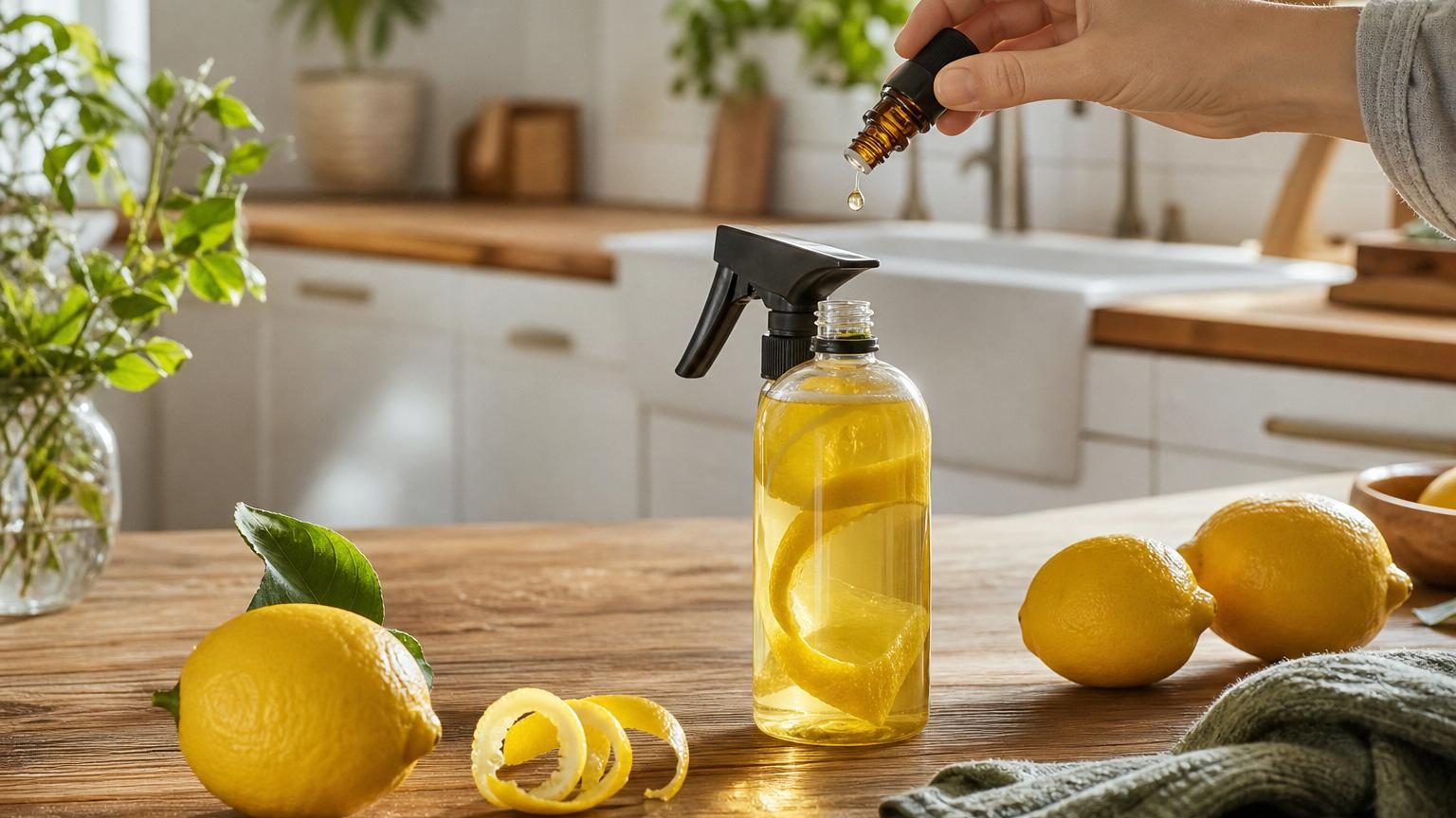 Trois flacons d'huiles essentielles de couleurs différentes (citron jaune, lavande violette, eucalyptus vert) alignés à côté d'un pulvérisateur blanc et d'une citronnade fraîche, symbolisant l'entretien ménager naturel et parfumé.