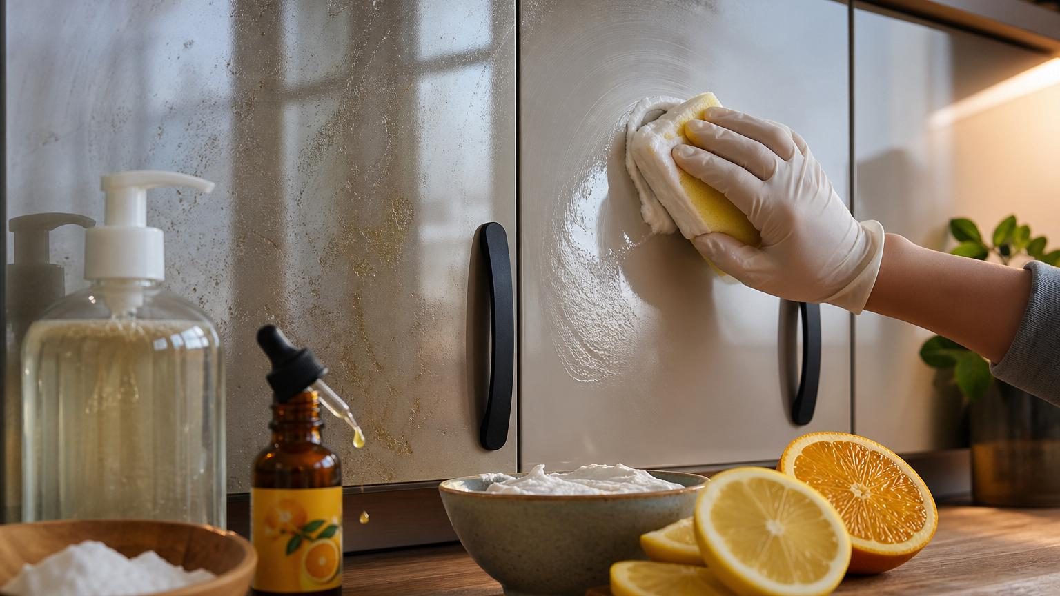 Mains gantées appliquant une pâte blanchâtre sur une façade de placard cuisine collante à l'aide d'une éponge.