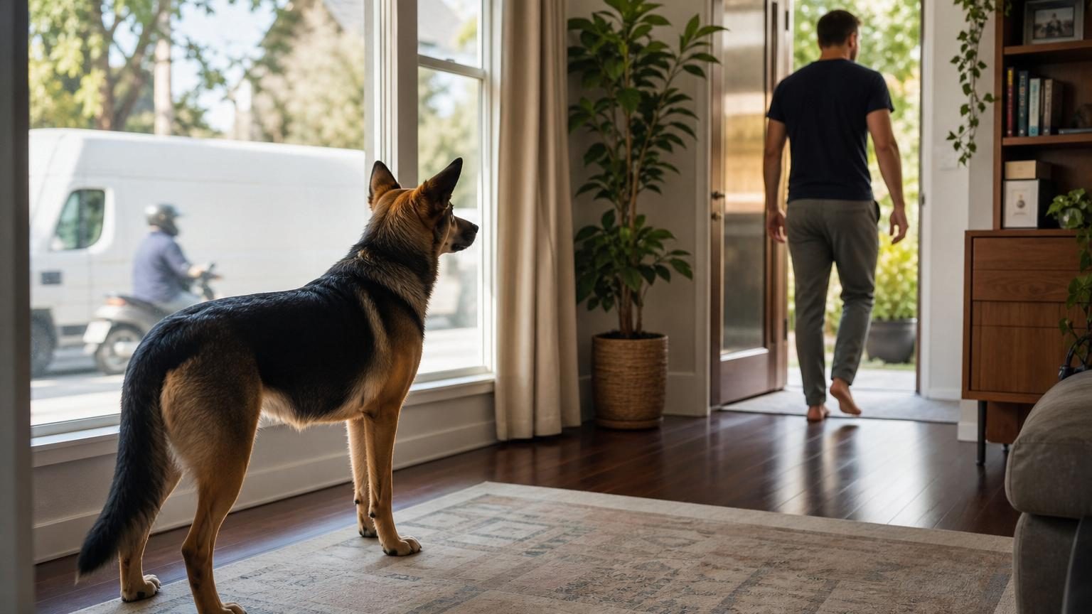 Un chien calme assis face à son maître qui détourne le regard, illustrant la technique du demi-tour silencieux pour réduire les aboiements.