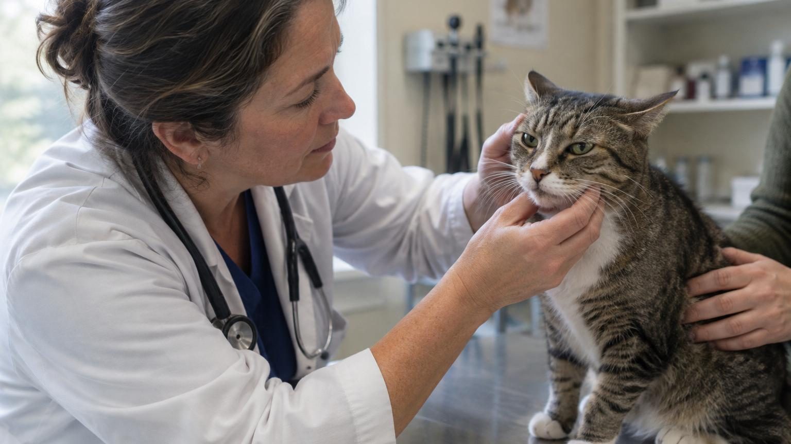 Gros plan sur le visage d'un chat gris au regard plissé, aux oreilles légèrement rabattues vers l'arrière et aux moustaches tendues, exprimant une douleur subtile et difficile à percevoir.