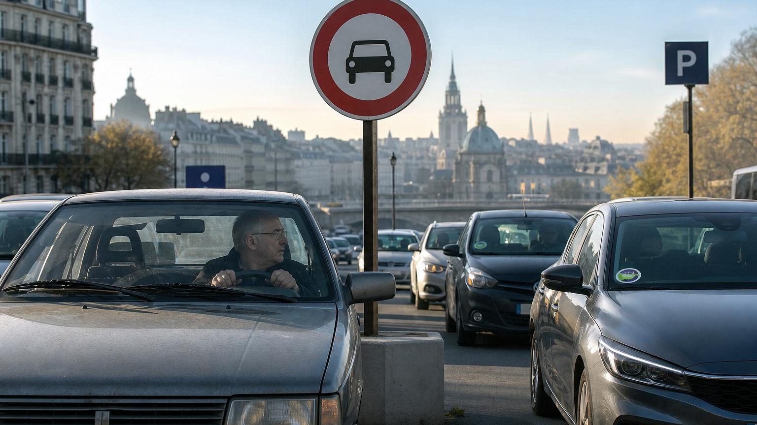 Automobiles attendant à l'entrée d'une ville, certaines avec une pastille Crit'Air visible sur le pare-brise, symbolisant les restrictions de circulation en zone à faibles émissions.