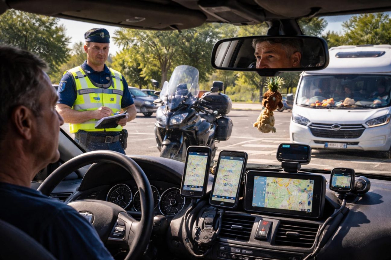 Un agent de gendarmerie contrôle un monospace, une moto et un camping-car stationnés, inspectant le champ de vision des véhicules et notifiant les infractions relatives aux objets obstruant la vitre.
