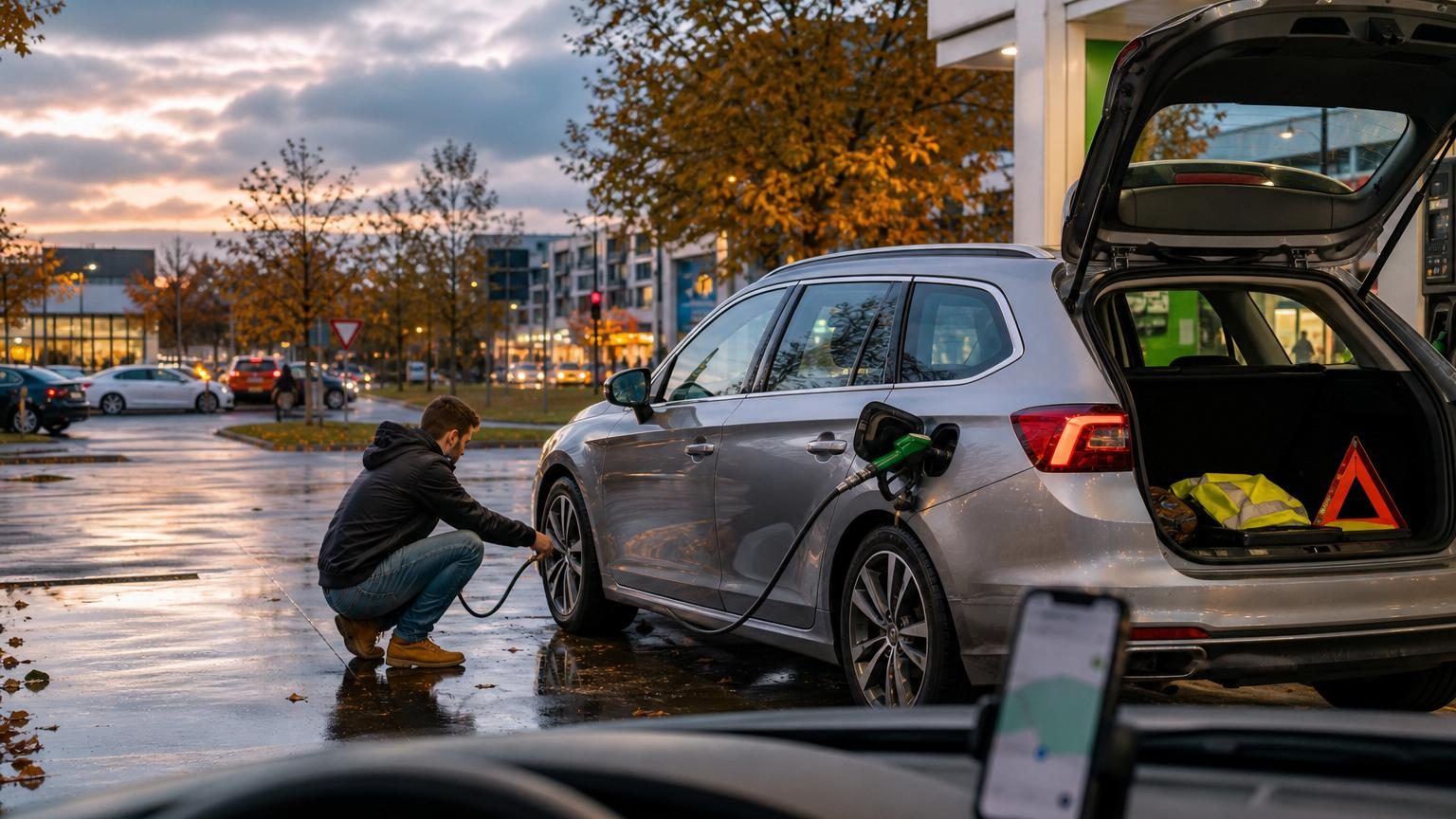 Parking de supermarché avec voiture garée, sacs de courses et pompe essence en arrière-plan, symbolisant les dépenses automobiles d'automne
