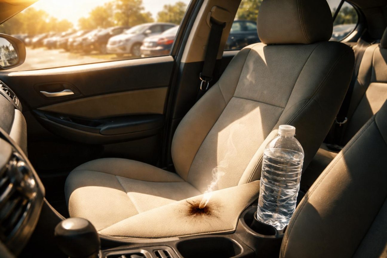 Une jeune femme court vers sa voiture stationnée au soleil, de la fumée s'échappant d'une vitre entrouverte, avec un objet fondu visible sur le siège passager.