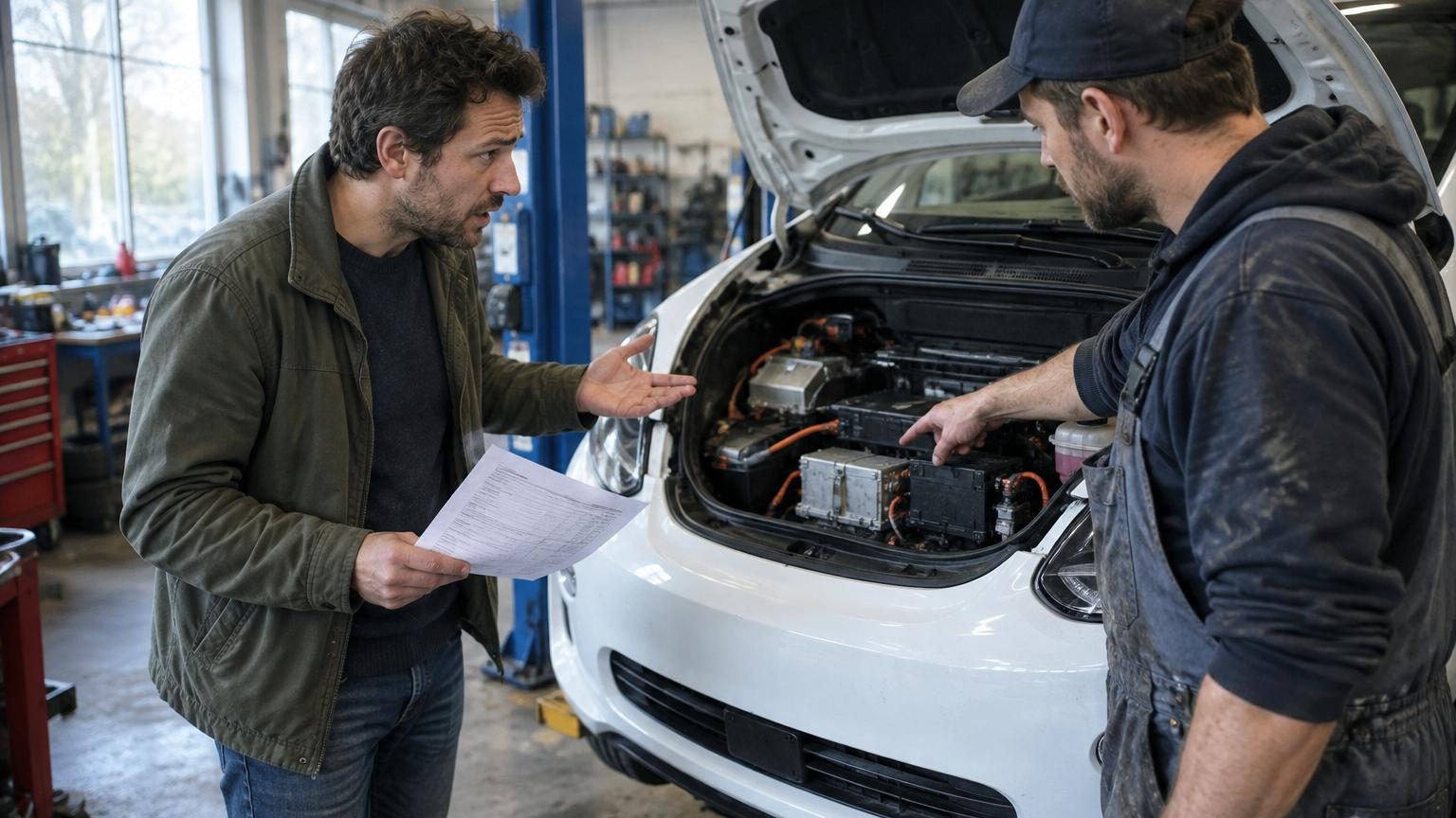 Vue rapprochée d'une batterie de voiture électrique haute tension ou d'un système de charge, symbolisant les coûts d'entretien et la maintenance complexe des véhicules électriques modernes.