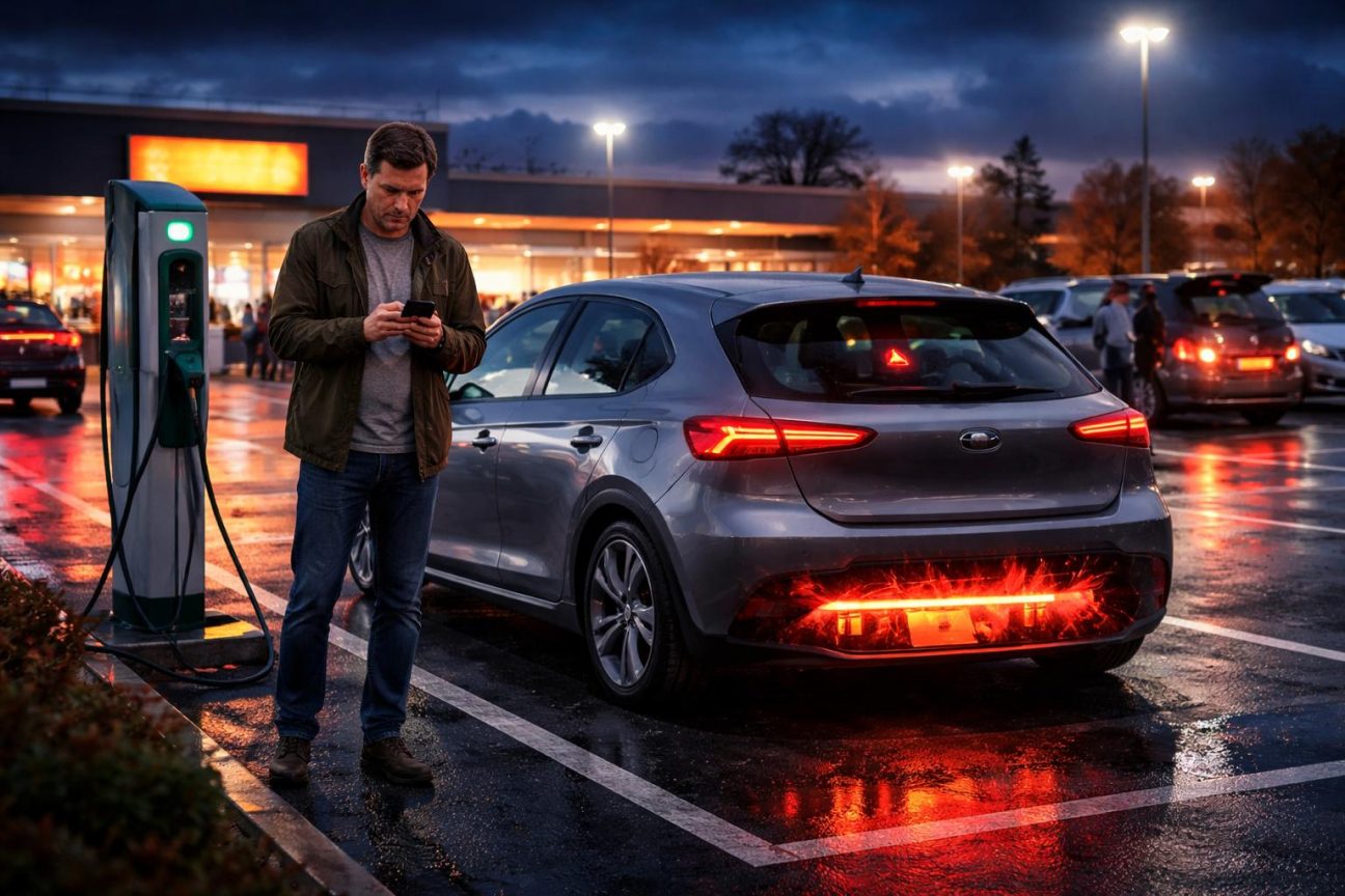 Automobiliste debout devant sa voiture électrique immobilisée, téléphone à la main, regardant l'écran du tableau de bord affichant un message d'erreur batterie, dans un parking commercial.