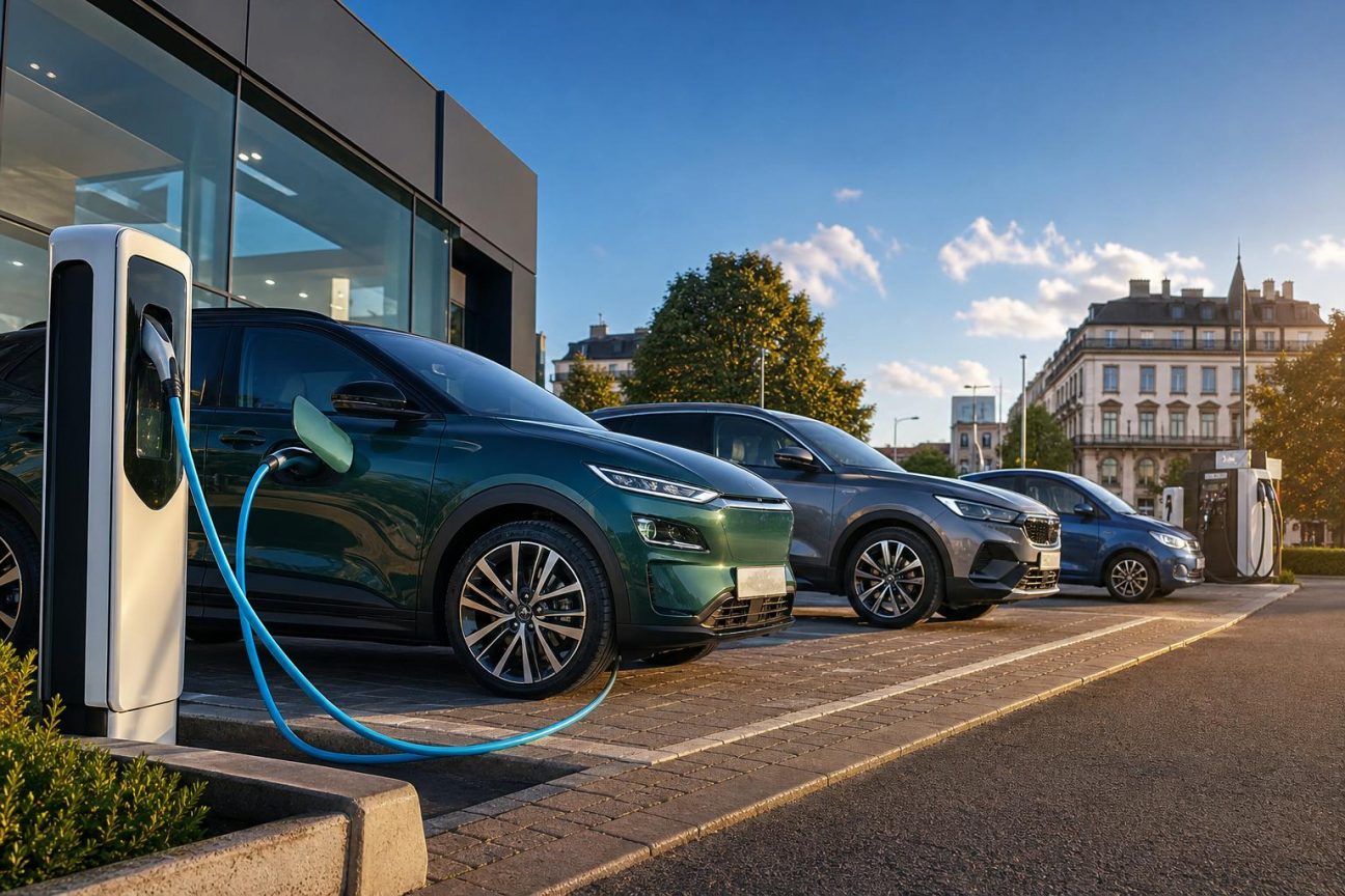 Illustration montrant la part de marché des différentes motorisations automobiles en Europe en juin 2026, avec des véhicules électriques, hybrides et essence représentés graphiquement.