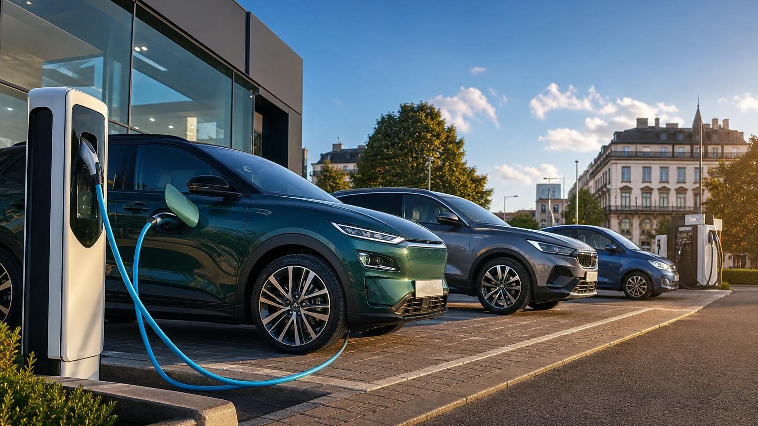Illustration montrant la part de marché des différentes motorisations automobiles en Europe en juin 2026, avec des véhicules électriques, hybrides et essence représentés graphiquement.