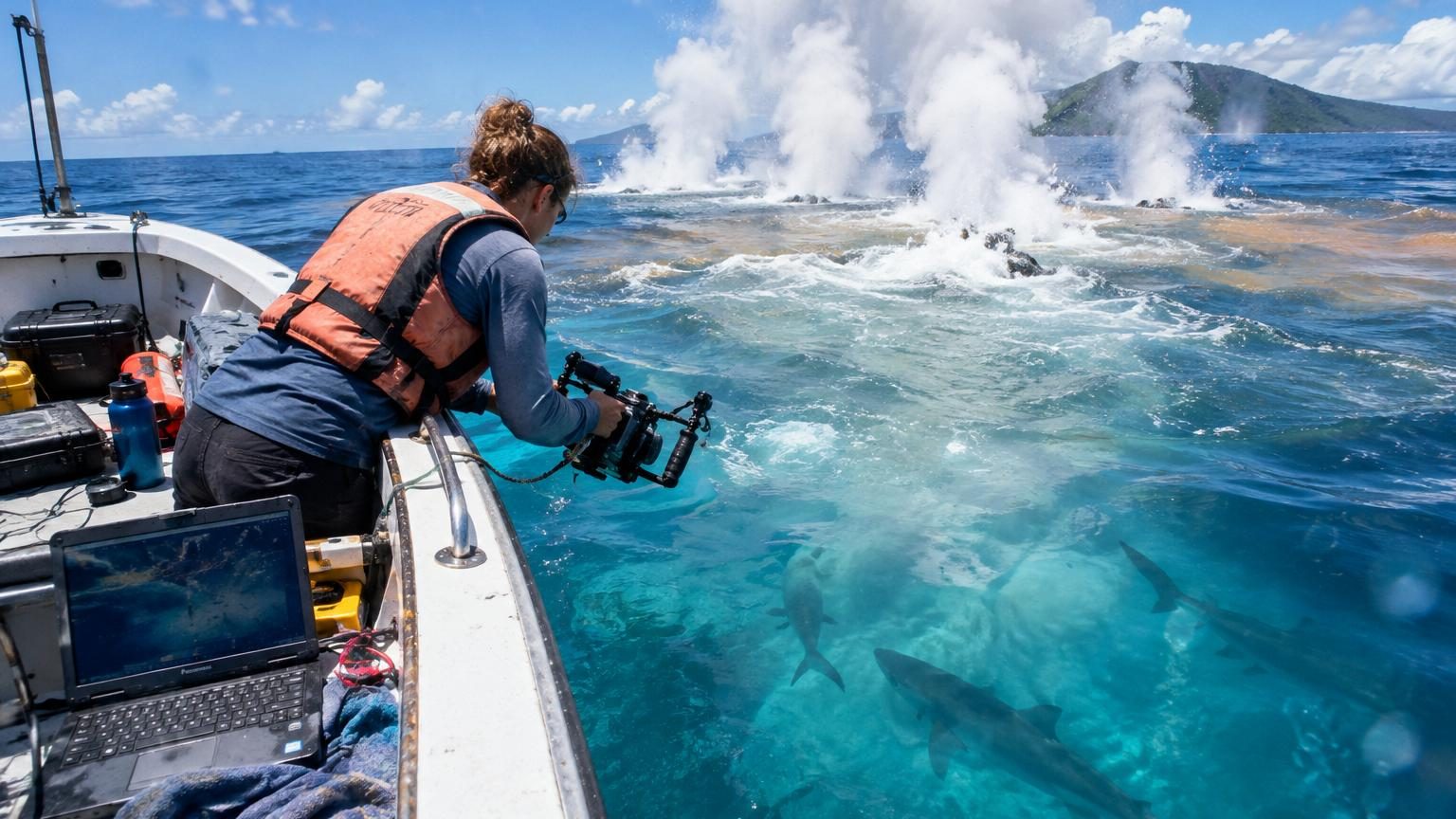 Vue aérienne d'un volcan sous-marin actif rejetant vapeur et cendres à la surface de l'océan Pacifique, avec l'eau teintée de couleurs anormales autour du cratère.